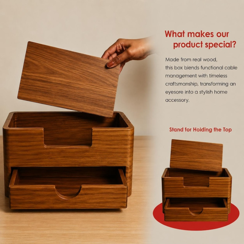 Handcrafted Solid Wood Cable Management Box | Wooden Desk Cord Organizer | Power Strip Cover | Charging Station Organizer | Home Office Cable Storage