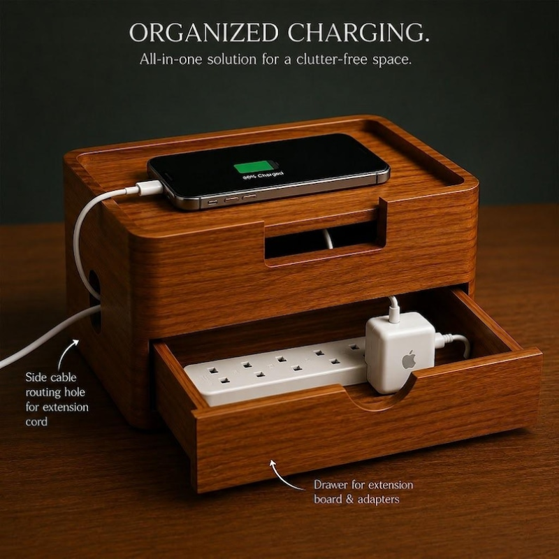 Handcrafted Solid Wood Cable Management Box | Wooden Desk Cord Organizer | Power Strip Cover | Charging Station Organizer | Home Office Cable Storage