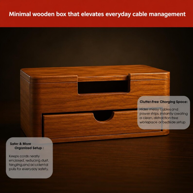 Handcrafted Solid Wood Cable Management Box | Wooden Desk Cord Organizer | Power Strip Cover | Charging Station Organizer | Home Office Cable Storage