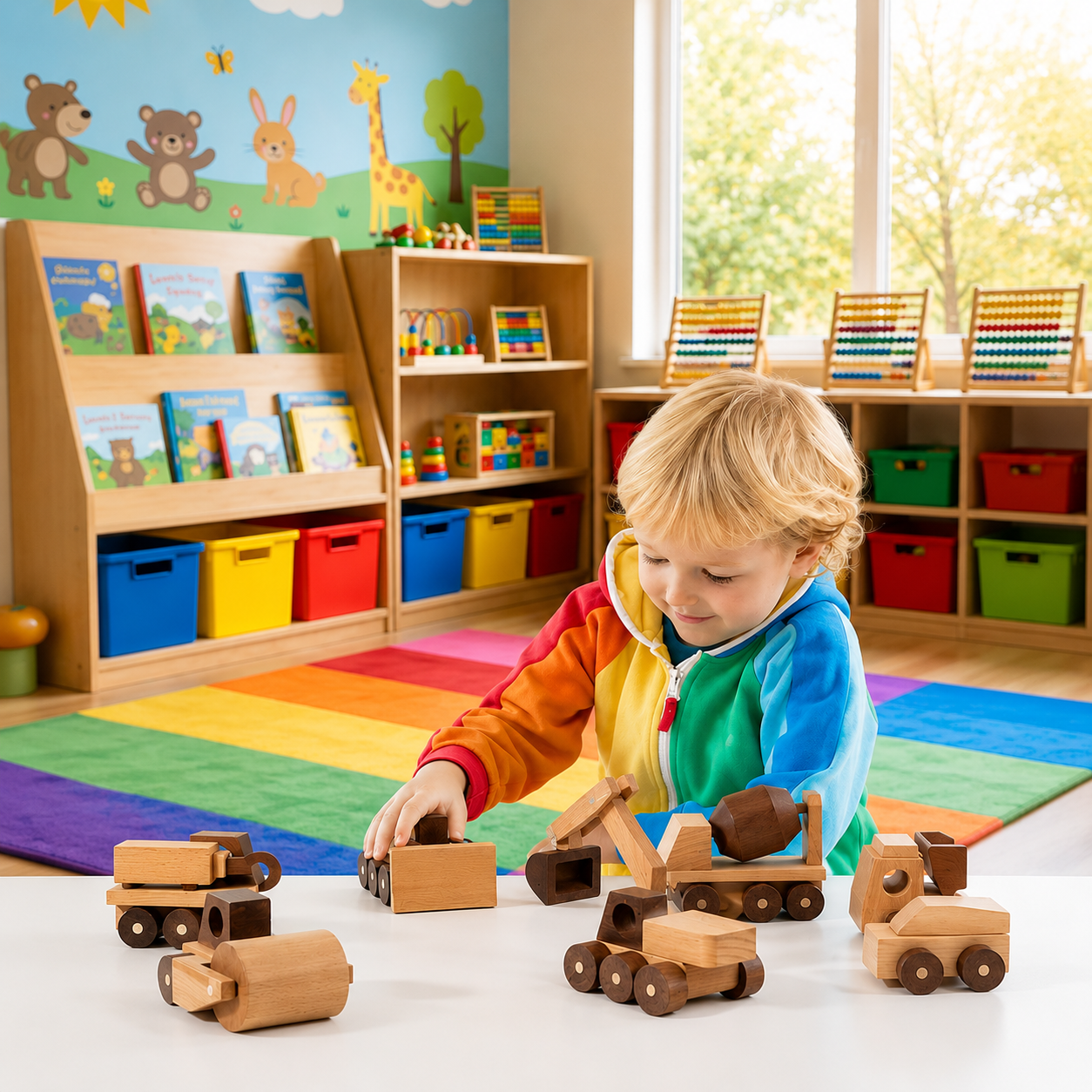 Montessori Wooden Vehicle Toy Set – 4-Piece Beech Wood Construction and Train Collection